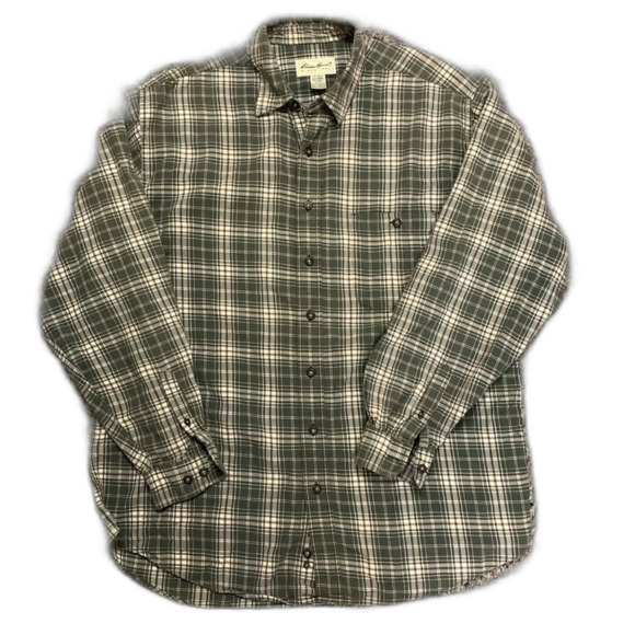 Eddie Bauer Favorite Ivory Green Plaid LS Relaxed Fit Flannel Shirt Size LTall - Picture 1 of 8